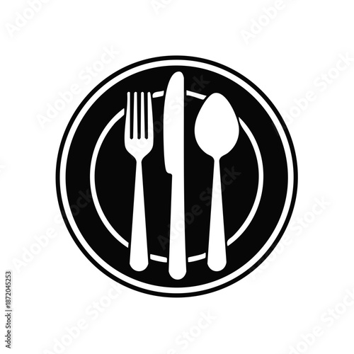Simple Black and White Place Setting Icon with Plate, Fork, Knife, and Spoon in a Circular Shape