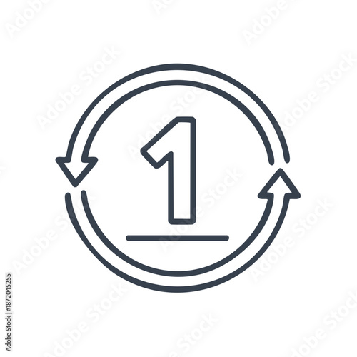 Single rotation arrow and number one outline graphic: First time, update sequence, number 1, arrow rotation, line style design