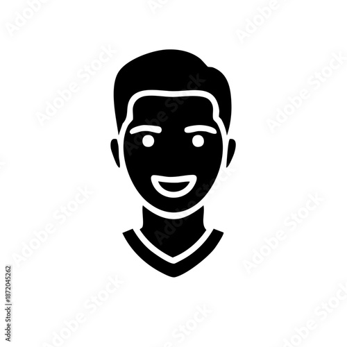 Smiling person face with short hair in minimalist black and white icon portrait featuring simplicity