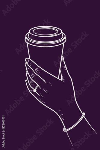This image showcases an elegant hand holding a take-out coffee cup, highlighting modern coffee culture and lifestyle, with a deep purple background for contrast.