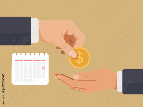 This image depicts a professional exchanging a gold coin for payment, symbolizing financial transactions and the importance of timely commitments in commerce and business.