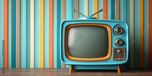 Retro blue TV with antennas against striped colorful wall, empty screen