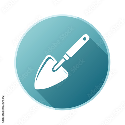Vector art illustration of a garden trowel icon with long shadows in a circular blue gradient shape