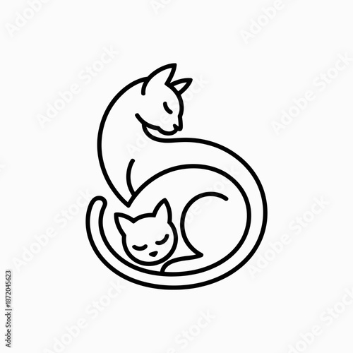 A minimalist illustration of two cats embracing in a cozy design, embodying themes of love, warmth, and companionship within a modern artistic style.