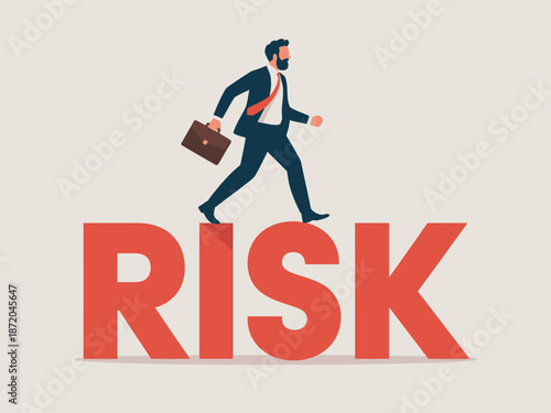 An illustration of a businessman confidently walking across the word 'RISK', symbolizing the challenges and opportunities in the business world and professional life.