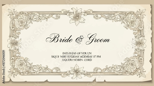 Elegant Vintage Bride and Groom Wedding Invitation Card with Ornate Border.