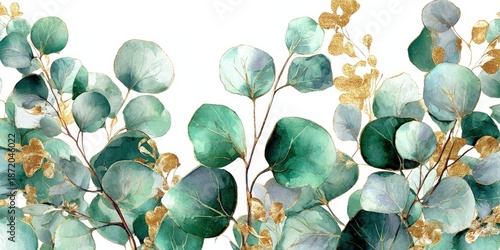 Watercolor foliage green leaves with golden accents on a white background
