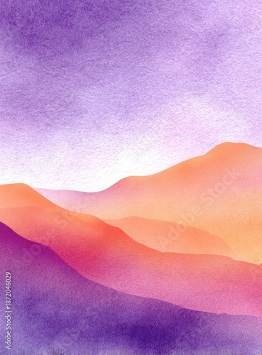Watercolor mountains blend from lavender to orange under a misty sky
