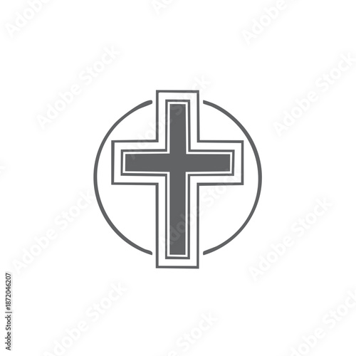 Christian Cross Emblem in a Circle Simple Gray Religious Symbol Minimalist Design
