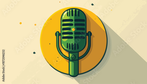 Vintage Green Microphone Illustration on Yellow Circle Background.