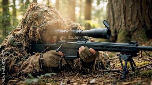 Camouflaged sniper aiming a high-powered rifle in a dense forest. Military soldier in a ghillie suit lying prone on the ground waiting for a target. Tactical warfare concept