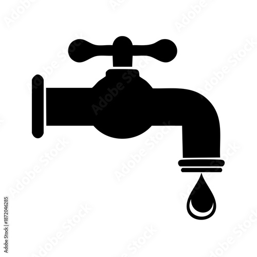 Black and White Water Faucet with Dripping Water Drop Icon, Clean Energy Concept