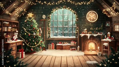 Wallpaper Mural A cozy room decorated for the Christmas season, featuring a decorated Christmas tree, a fireplace and a window with a snowy view. Presents are placed under the tree and the room is lit by warm lights Torontodigital.ca