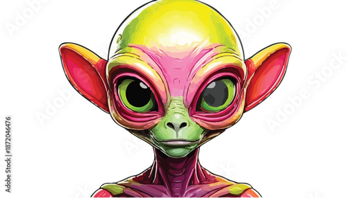 Colorful Alien Portrait with Large Eyes and Pointed Ears.
