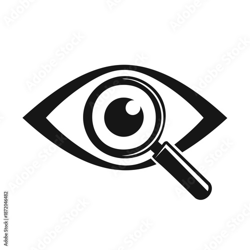 Eye examination with magnifying glass in black and white visual illustration emphasizing vision, clarity, and detailed analysis concept