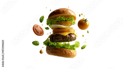 Juicy Burger with Cheese and Fresh Lettuce in Mid Air