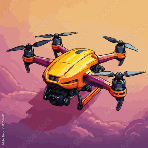 Drone in Flight - Aerial Perspective of a Modern Quadcopter.