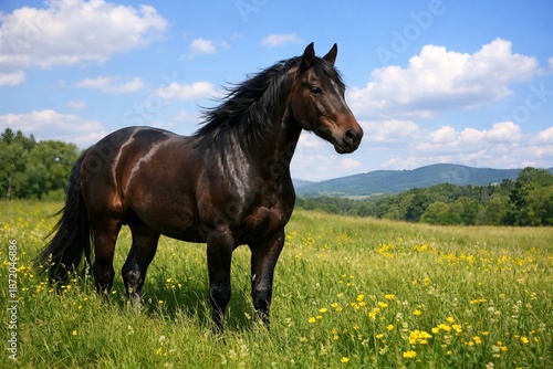 Majestic brown horse stands in lush green meadow. Bright sunny day creates vibrant atmosphere. Beautiful scenery captures essence of nature and equine beauty. Perfect for animal lovers.