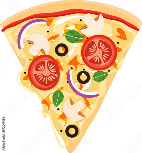 Vegetarian Pizza Slice Illustration with Mushrooms, Tomatoes, Red Onions, and Olives