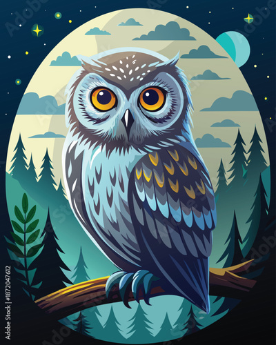 Boreal Owl Night Vector – Moonlit Wildlife Illustration