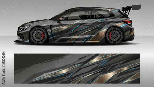 Dynamic graphic wrap design on a grey race car, featuring abstract gold, blue, and black lines, with the full pattern displayed below.