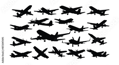 A collection of various airplane and helicopter silhouettes arranged in neat rows