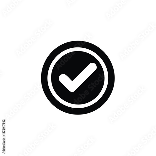 Black round vector icon depicting an affirmative checkbox or check mark within a circle to confirm a task