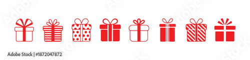 Set of eight red christmas gift boxes with ribbon and bow outline icons collection design elements