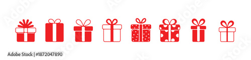 Set of eight different red gift boxes with ribbon and bow filled and outline icons vector illustration