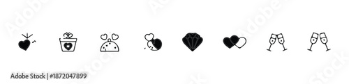 Outline and solid icons collection representing love romance celebration and wedding elements