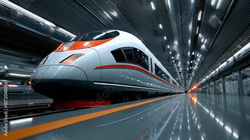 Modern Train in Motion: A sleek, high-speed train races through a futuristic tunnel, its streamlined design and vibrant lighting creating a sense of rapid transit and technological advancement. 