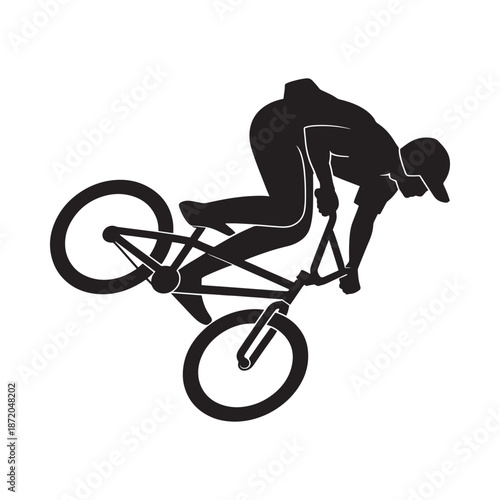 A silhouetted bmx rider performing an aerial trick captured in a dynamic black and white illustration
