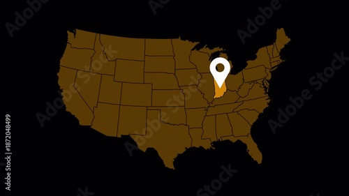 High quality 4K animation of the Indiana state map with a location pin marker. Clean motion graphic suitable for navigation, travel, business location, presentations
