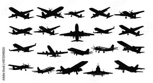 A collection of various airplane and helicopter silhouettes arranged in neat rows