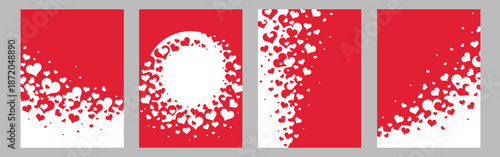Vertical Valentine's Day greeting card template. Set of frames with white and red objects on the white background. Symbols of holiday - hearts.
