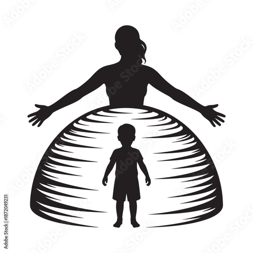 Silhouette of a mother and child embraced within a protective circular form