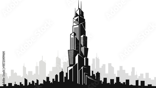 Modern Skyscraper Cityscape Vector Silhouette Illustration on Isolated White Background