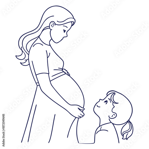 Vector illustration of a pregnant woman and mother with baby and daughter in a black silhouette sketch style celebrating family love, beauty, and the art of motherhood