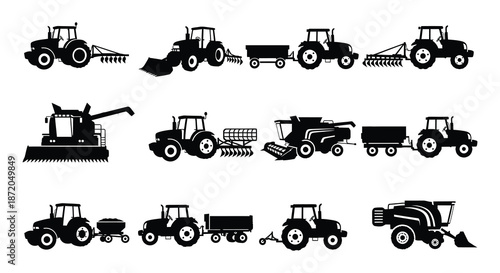 Collection of black silhouette farm machinery and agricultural vehicles