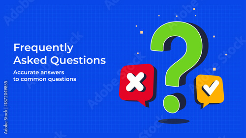 Large green 3d question mark with red and orange speech bubbles containing cross and check icons against blue grid background. Information support concept