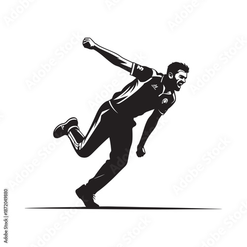 A dynamic illustration of a cricket bowler in the middle of a fast bowling action