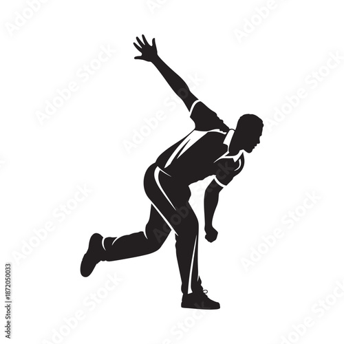 Silhouette of a fast bowler in action during a cricket match full body view