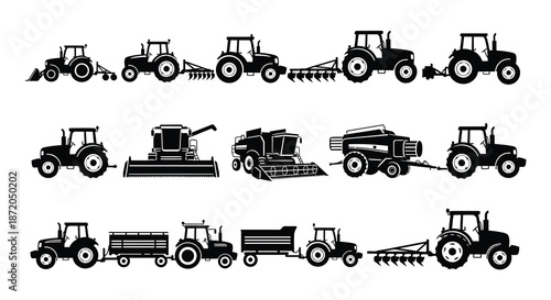 Collection of black silhouette farm machinery and agricultural vehicles