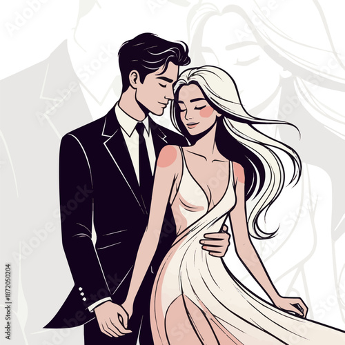 Create a realistic sexy romance young couple in love vector art with white background.