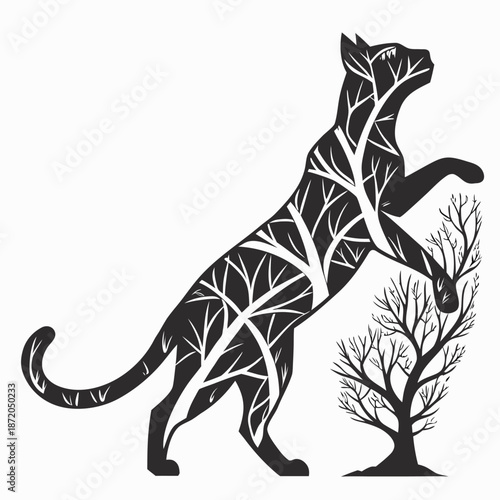 Vector illustration of a zebra and a lion alongside a black silhouette of a wild predator and domestic pet feline in a cartoon outline design