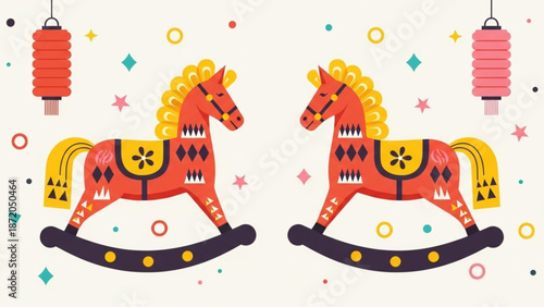 Chinese New Year Decorative Rocking Horses Illustration, Colorful Toys, Festive Background, Graphic Art, Front View, Celebration Concept