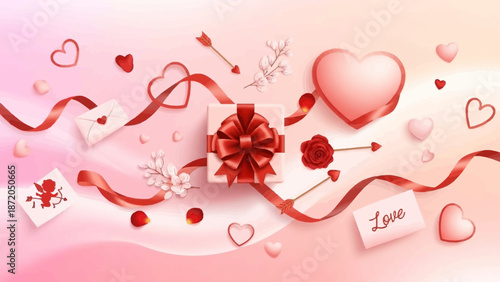 Valentine’s Day Flat Lay with Gift Box and Hearts