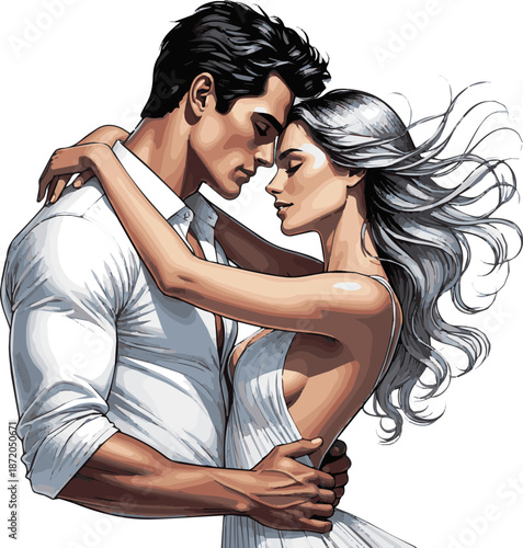 Create a realistic sexy romance young couple in love vector art with white background.