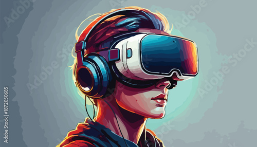 Person immersed in virtual reality with VR headset and headphones.