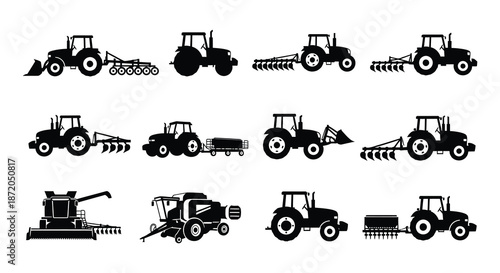 Collection of black silhouette farm machinery and agricultural vehicles